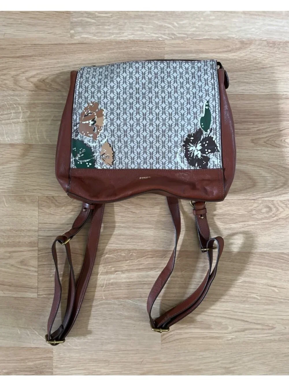 Fossil Elina Convertible Backpack Tan Cream Monogram Pattern With Floral Accents